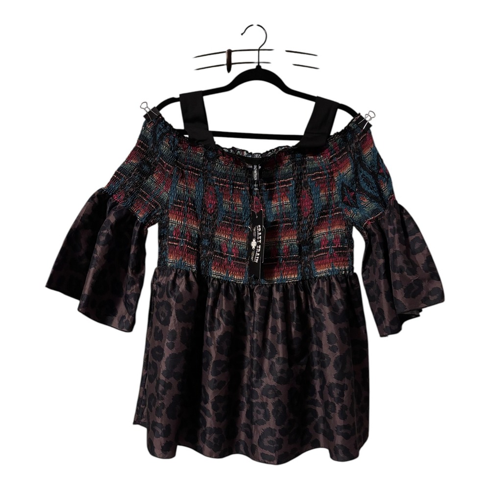 Crazy Train Womens 3XL Smocked Cold Shoulder Top Serape Leopard Mixed Print NWT - Picture 2 of 5